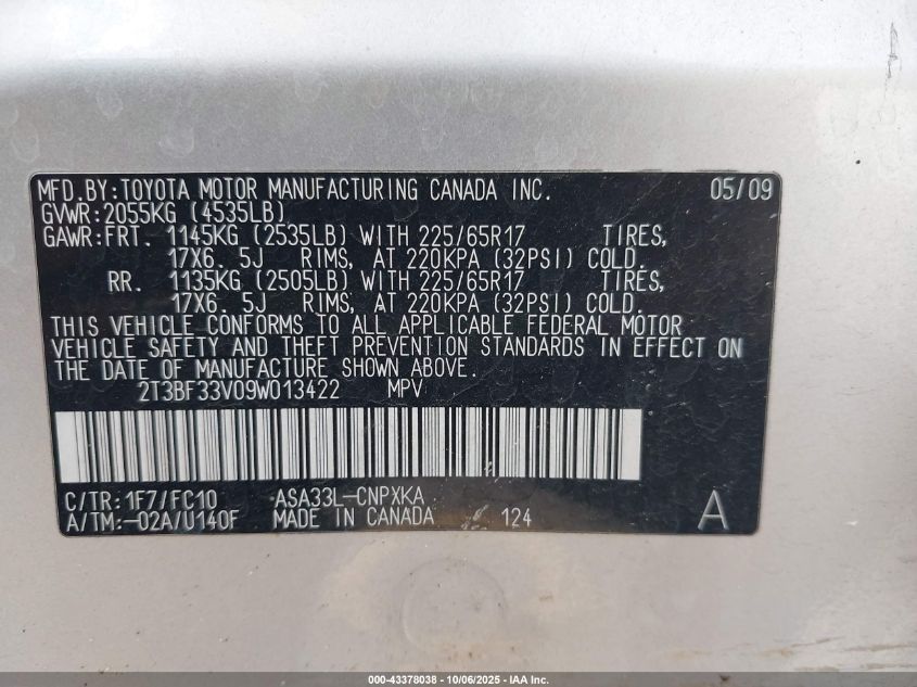 2009 Toyota Rav4 VIN: 2T3BF33V09W013422 Lot: 43378038