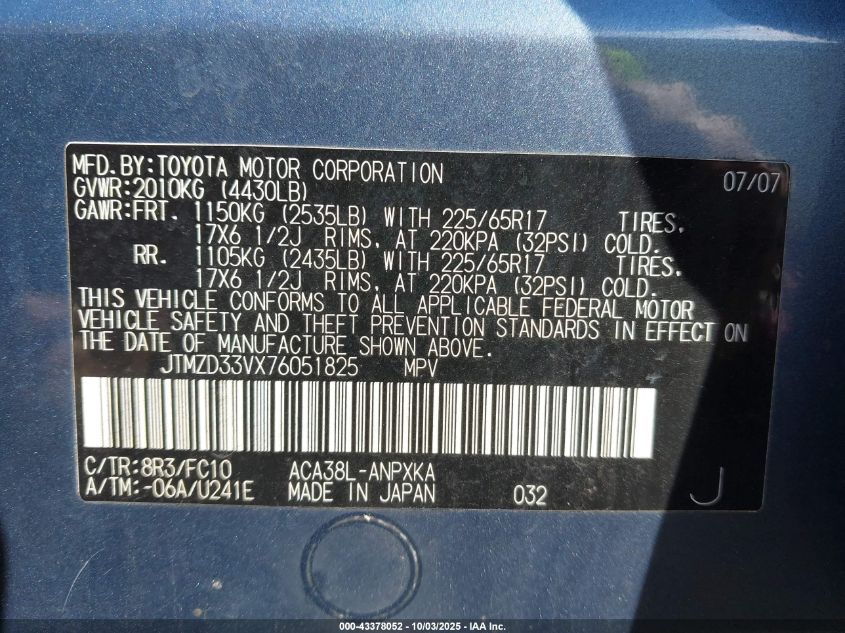 2007 Toyota Rav4 VIN: JTMZD33VX76051825 Lot: 43378052