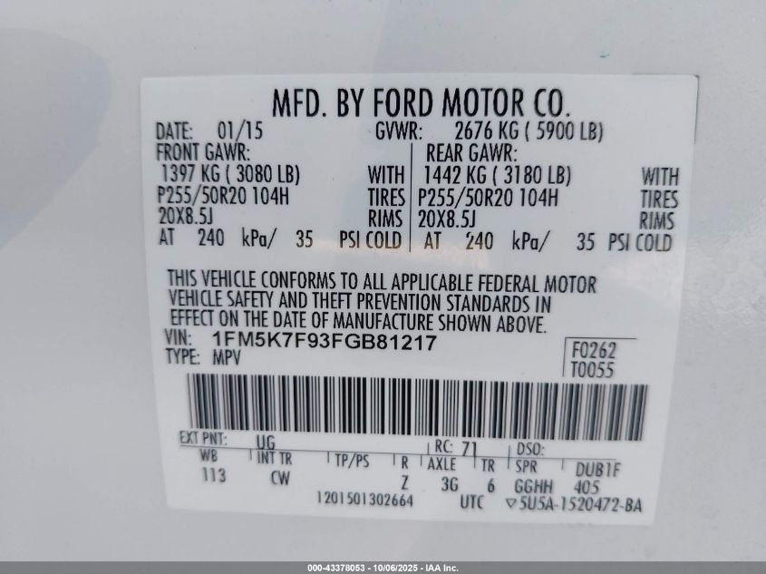 2015 Ford Explorer Limited VIN: 1FM5K7F93FGB81217 Lot: 43378053