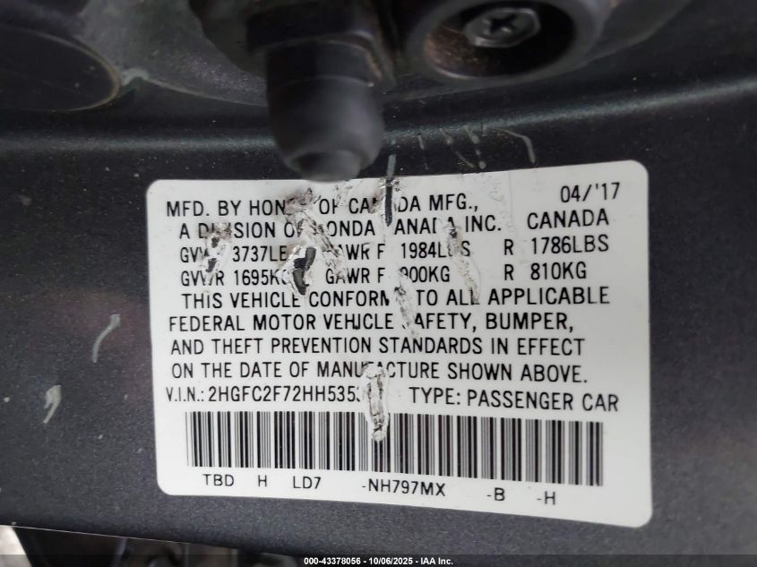 2017 Honda Civic Ex VIN: 2HGFC2F72HH535311 Lot: 43378056