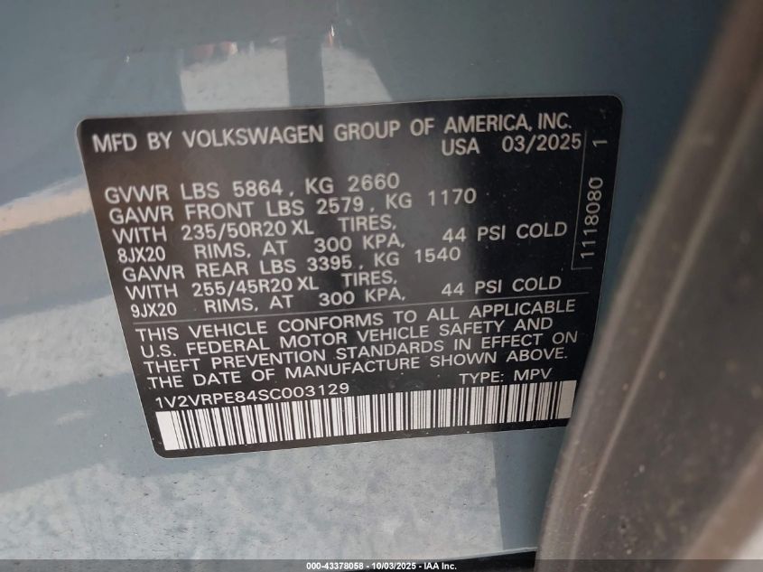 2025 Volkswagen Id.4 Pro S VIN: 1V2VRPE84SC003129 Lot: 43378058