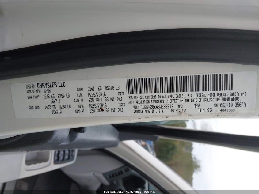 2008 Jeep Liberty Sport VIN: 1J8GN28K48W288012 Lot: 43378059