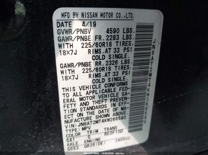 2019 Nissan Rogue Sv VIN: JN8AT2MT4KW266590 Lot: 43378063