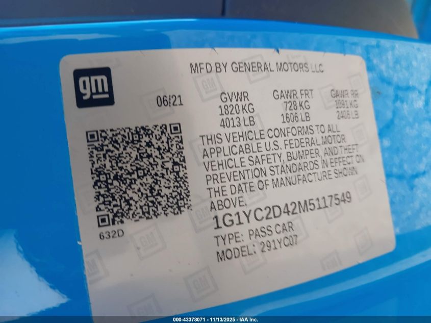 2021 Chevrolet Corvette Stingray Rwd 3Lt VIN: 1G1YC2D42M5117549 Lot: 43378071