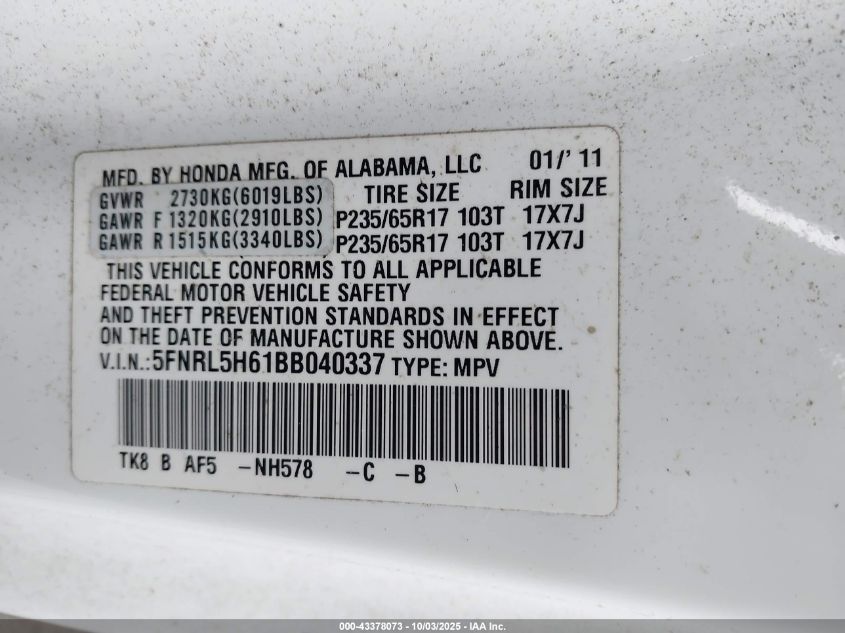 2011 Honda Odyssey Ex-L VIN: 5FNRL5H61BB040337 Lot: 43378073