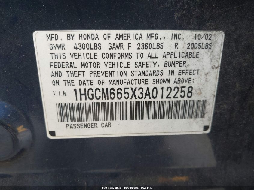 2003 Honda Accord 3.0 Ex VIN: 1HGCM665X3A012258 Lot: 43378083