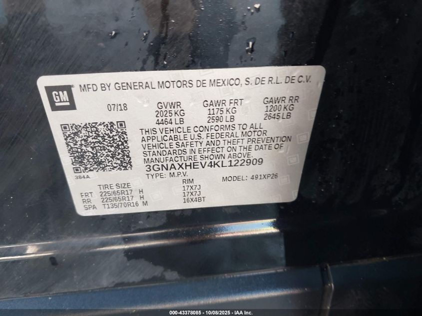 2019 Chevrolet Equinox Ls VIN: 3GNAXHEV4KL122909 Lot: 43378085