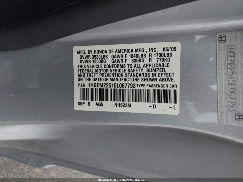 2005 Honda Civic Lx VIN: 1HGEM22515L067793 Lot: 43378100