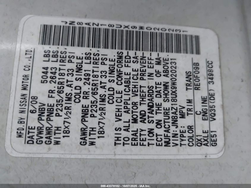 2009 Nissan Murano Sl VIN: JN8AZ18UX9W020231 Lot: 43378102