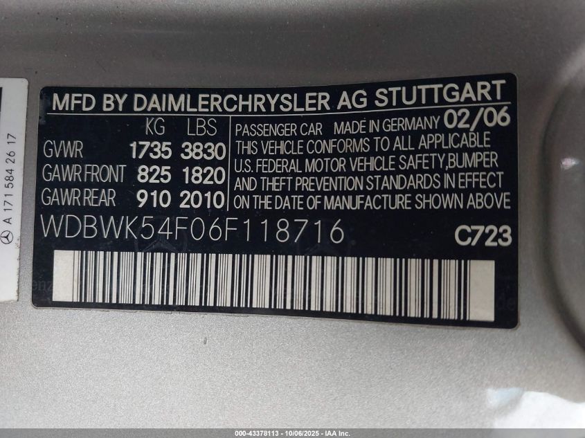 2006 Mercedes-Benz Slk 280 VIN: WDBWK54F06F118716 Lot: 43378113