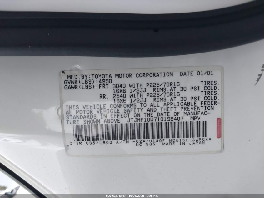 2001 Lexus Rx 300 VIN: JTJHF10U710198407 Lot: 43378117