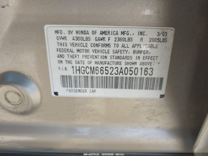 2003 Honda Accord 3.0 Ex VIN: 1HGCM66523A050163 Lot: 43378122