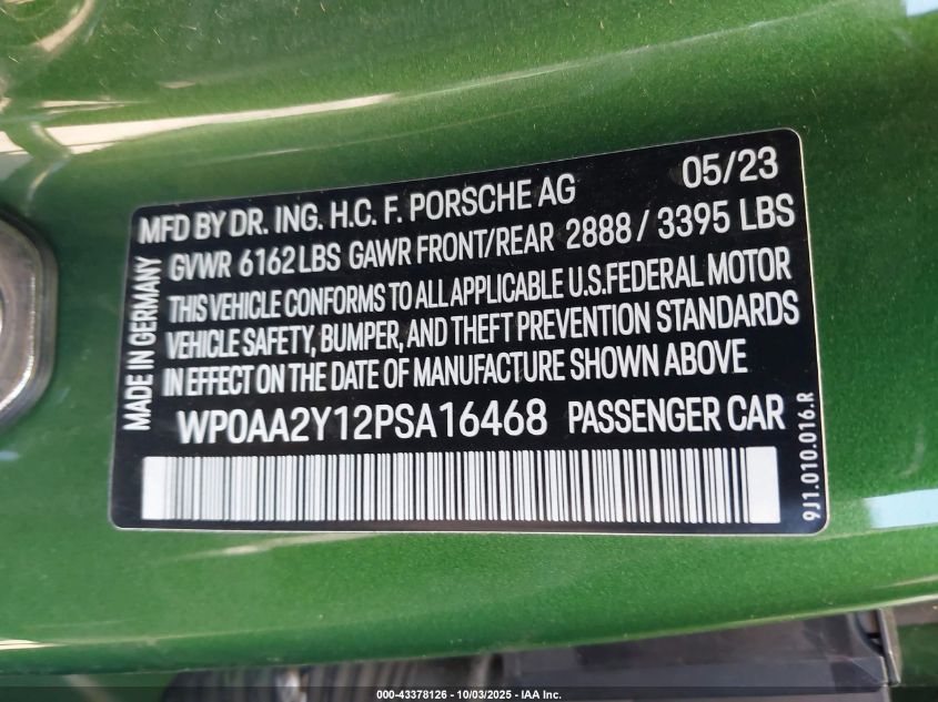 2023 Porsche Taycan VIN: WP0AA2Y12PSA16468 Lot: 43378126