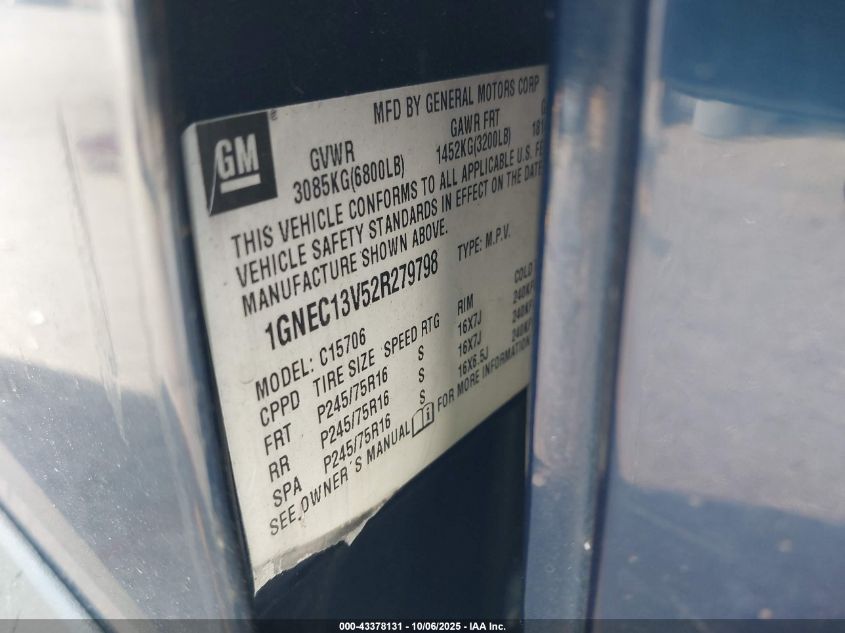 2002 Chevrolet Tahoe Ls VIN: 1GNEC13V52R279798 Lot: 43378131