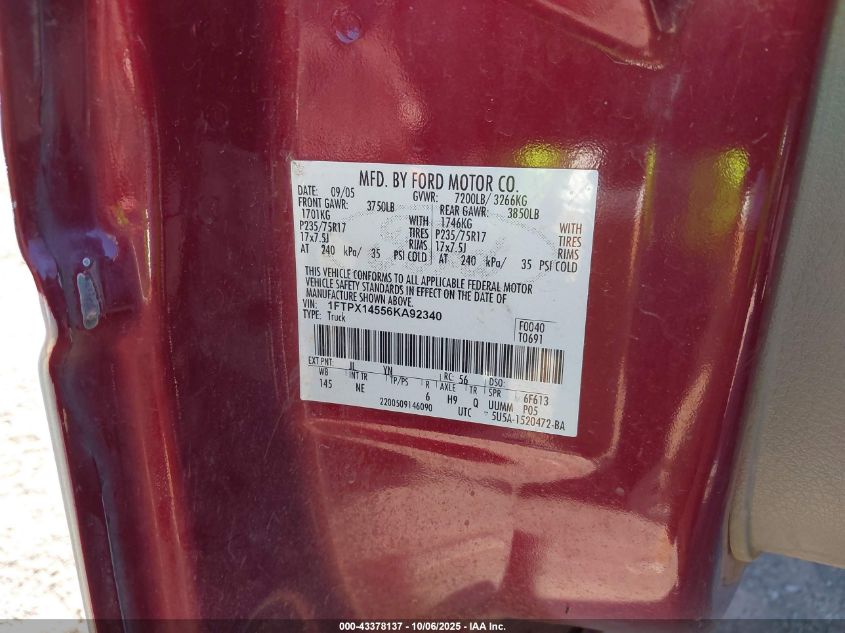 2006 Ford F-150 Fx4/Lariat/Xl/Xlt VIN: 1FTPX14556KA92340 Lot: 43378137