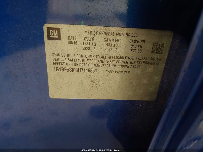 2017 Chevrolet Cruze Premier Auto VIN: 1G1BF5SM3H7118351 Lot: 43378142