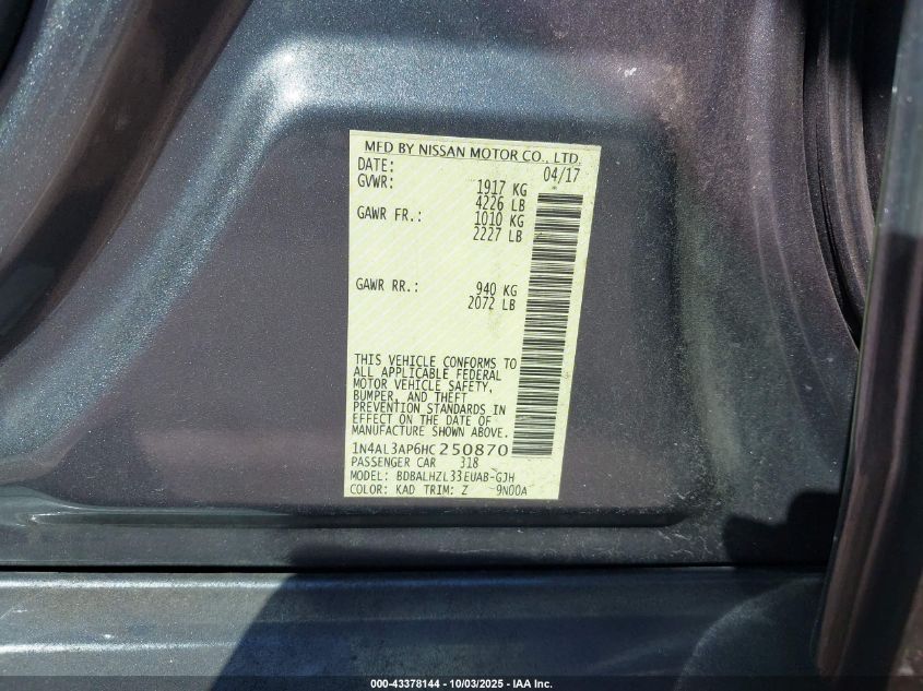 2017 Nissan Altima 2.5 Sr VIN: 1N4AL3AP6HC250870 Lot: 43378144