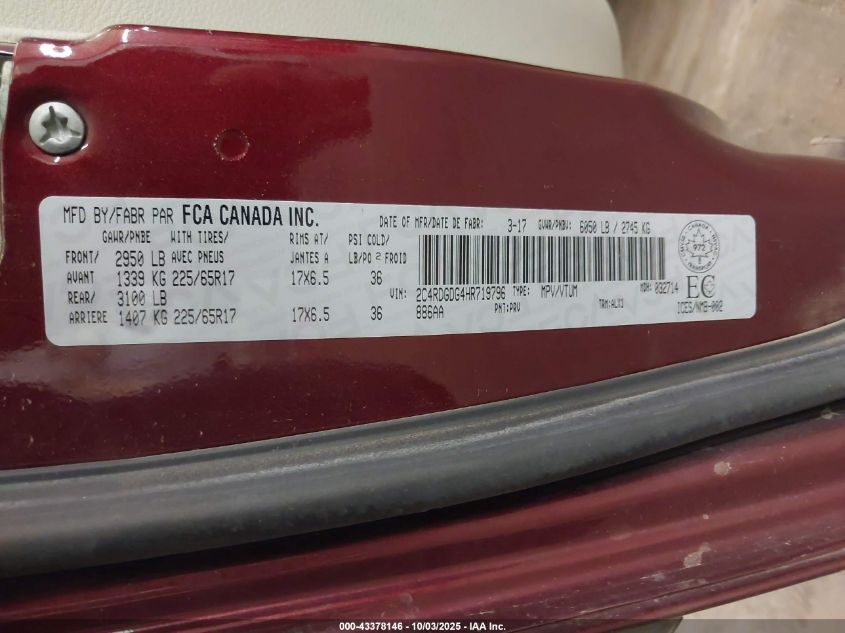 2017 Dodge Grand Caravan Crew VIN: 2C4RDGDG4HR719796 Lot: 43378146