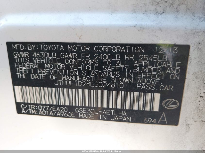 2014 Lexus Is 250 VIN: JTHBF1D28E5024810 Lot: 43378150