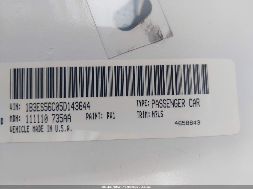 2005 Dodge Neon Sxt VIN: 1B3ES56C05D143644 Lot: 43378152