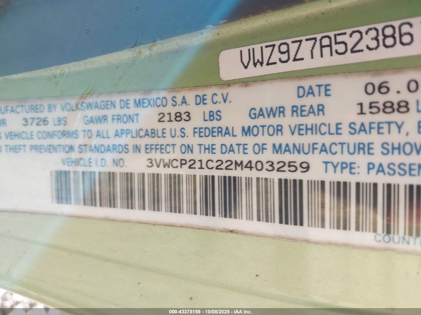 2002 Volkswagen New Beetle Gls Tdi VIN: 3VWCP21C22M403259 Lot: 43378156