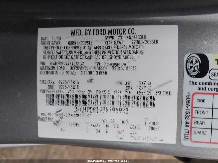 2009 Ford Fusion Sel VIN: 3FAHP08199R198933 Lot: 43378158