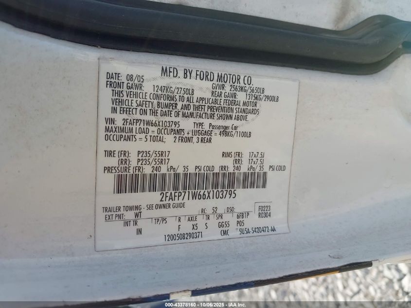 2006 Ford Crown Victoria Police/Police Interceptor VIN: 2FAFP71W66X103795 Lot: 43378160