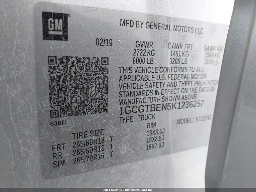 2019 Chevrolet Colorado Wt VIN: 1GCGTBEN5K1236257 Lot: 43378165