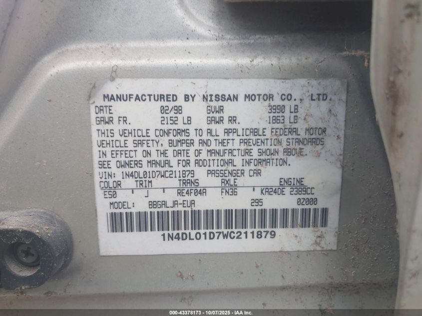 1998 Nissan Altima Gle/Gxe/Se/Xe VIN: 1N4DL01D7WC211879 Lot: 43378173