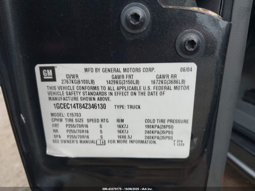 2004 Chevrolet Silverado 1500 Ls VIN: 1GCEC14T84Z346130 Lot: 43378175