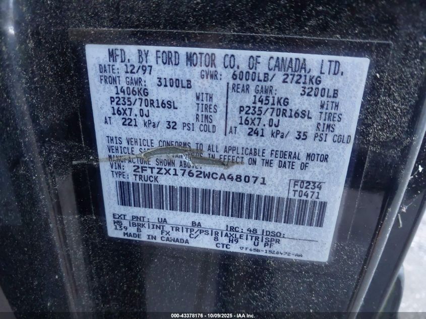 1998 Ford F-150 Lariat/Standard/Xl/Xlt VIN: 2FTZX1762WCA48071 Lot: 43378176