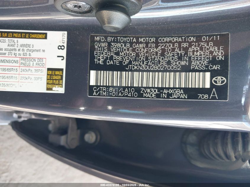 2011 Toyota Prius Four VIN: JTDKN3DU2B0270052 Lot: 43378199