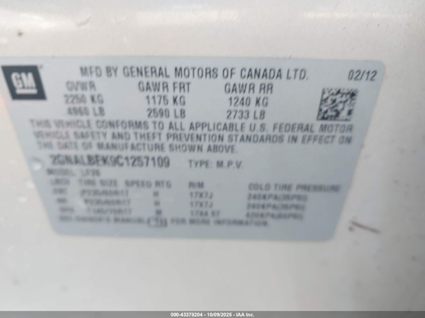 2012 Chevrolet Equinox Ls VIN: 2GNALBEK9C1257109 Lot: 43378204