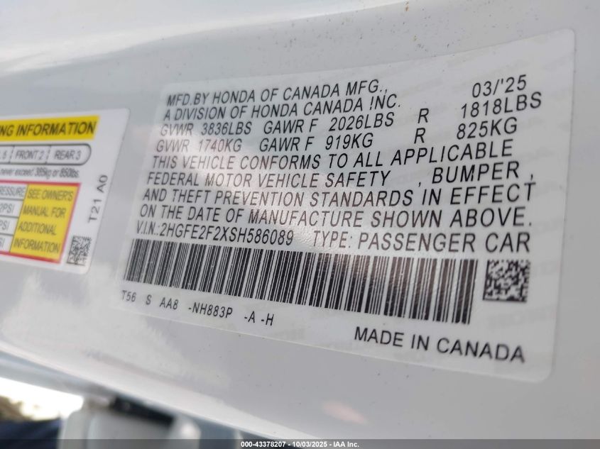 2025 Honda Civic Lx VIN: 2HGFE2F2XSH586089 Lot: 43378207