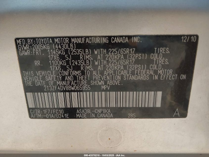 2011 Toyota Rav4 VIN: 2T3ZF4DV8BW065955 Lot: 43378218