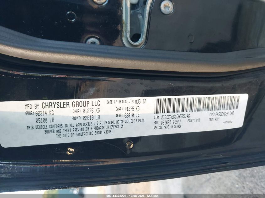 2013 Chrysler 300C VIN: 2C3CCAEG1DH505146 Lot: 43378226