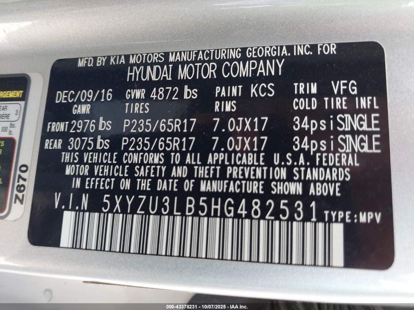 2017 Hyundai Santa Fe Sport 2.4L VIN: 5XYZU3LB5HG482531 Lot: 43378231