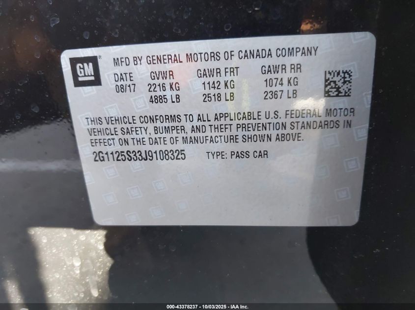 2018 Chevrolet Impala 2Lz VIN: 2G1125S33J9108325 Lot: 43378237
