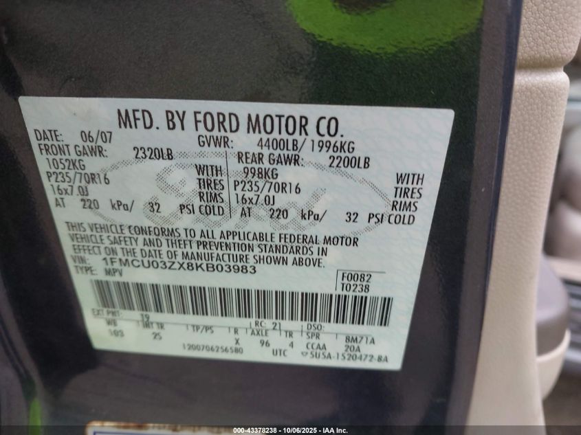 2008 Ford Escape Xlt VIN: 1FMCU03ZX8KB03983 Lot: 43378238