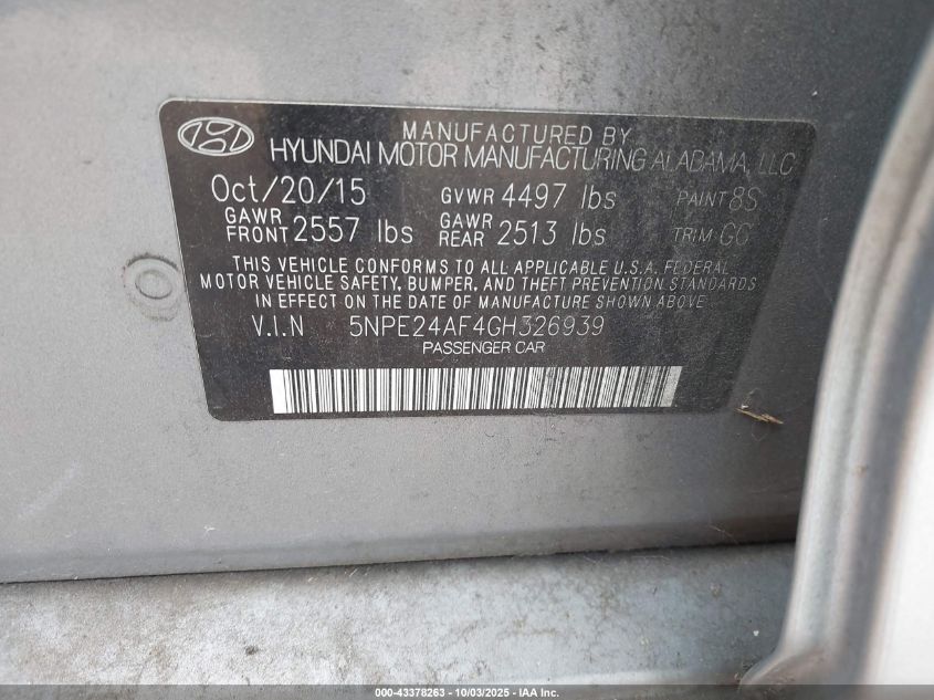 2016 Hyundai Sonata Se VIN: 5NPE24AF4GH326939 Lot: 43378263