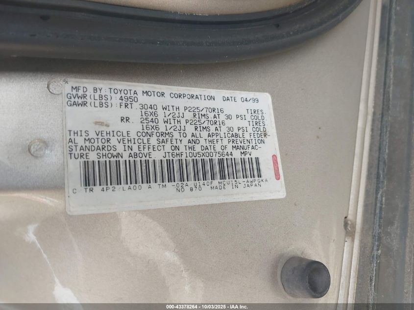 1999 Lexus Rx 300 VIN: JT6HF10U5X0075644 Lot: 43378264