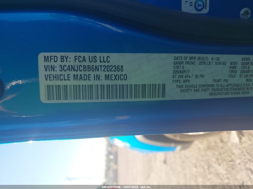 2022 Jeep Compass Latitude Fwd VIN: 3C4NJCBB6NT202368 Lot: 43378266