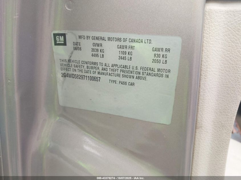 2007 Buick Lacrosse Cxl VIN: 2G4WD582971100657 Lot: 43378274