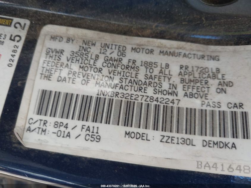 2007 Toyota Corolla Ce VIN: 1NXBR32E27Z842247 Lot: 43378281