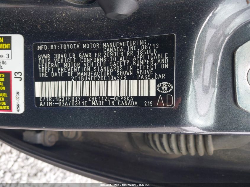 2013 Toyota Corolla S VIN: 2T1BU4EE2DC104378 Lot: 43378283