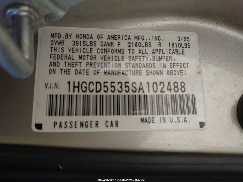 1995 Honda Accord Lx/Ex VIN: 1HGCD5535SA102488 Lot: 43378297