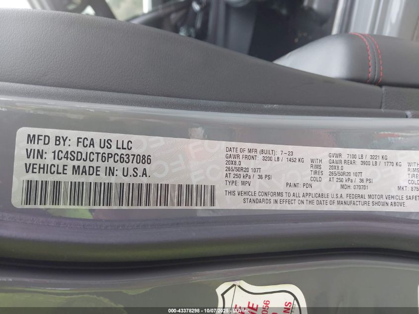 2023 Dodge Durango R/T Premium Awd VIN: 1C4SDJCT6PC637086 Lot: 43378298