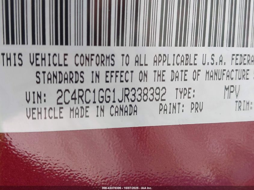 2018 Chrysler Pacifica Limited VIN: 2C4RC1GG1JR338392 Lot: 43378306