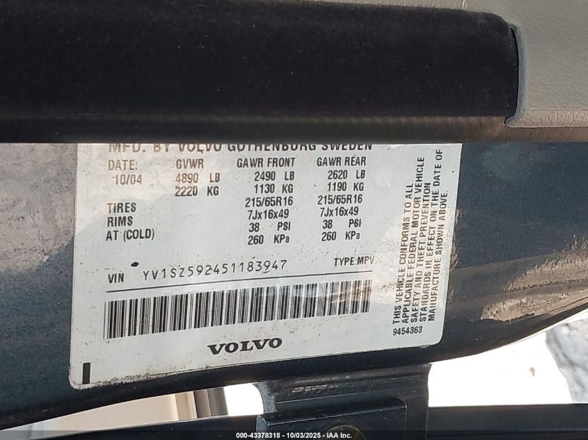 2005 Volvo Xc70 2.5T Awd VIN: YV1SZ592451183947 Lot: 43378318