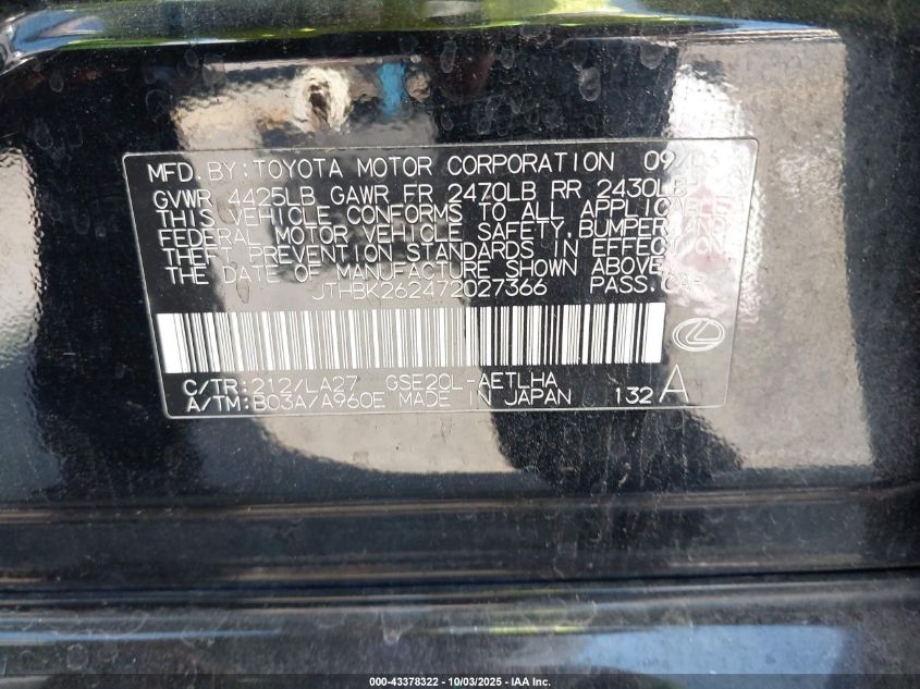 2007 Lexus Is 250 VIN: JTHBK262472027366 Lot: 43378322